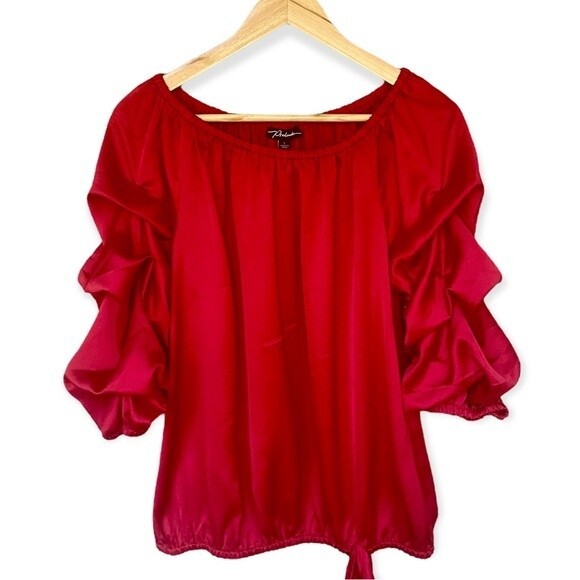 Prelude Shimmer On or Off the Shoulder Lantern Sleeve Tie Side Top - Size Large - Picture 9 of 10